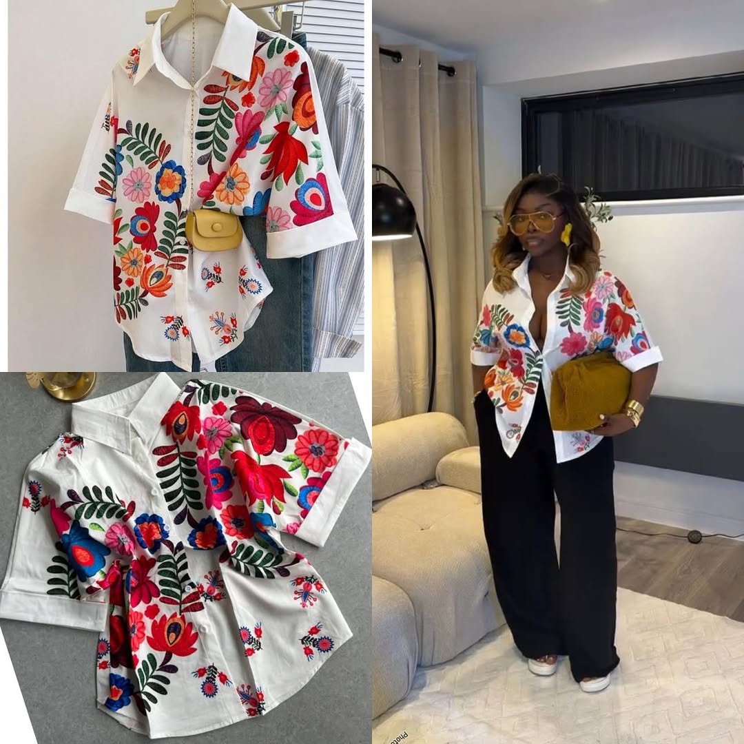 Women's Colorful Floral Print Short Sleeve Button Up Shirt, Casual Abstract Botanical Vacation Beach Blouse