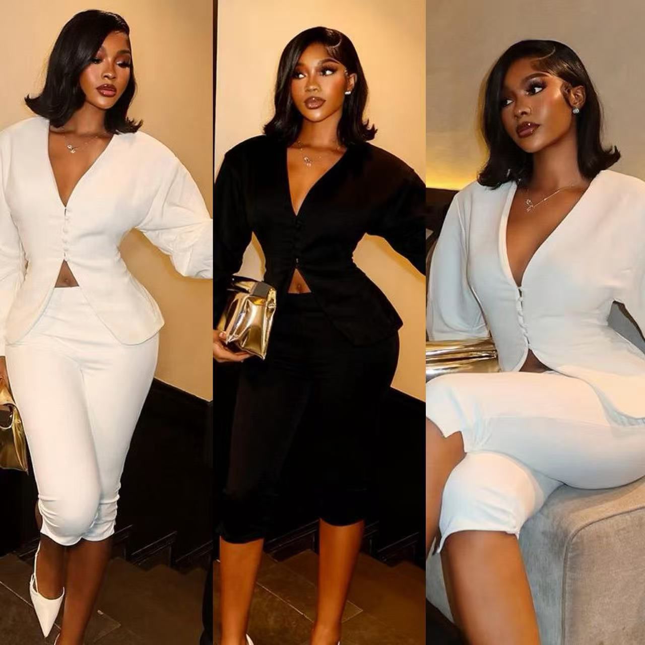 Sexy Two-Piece Set – Deep V-Neck Long-Sleeve Button-Down Blazer and Fitted Capri Pants Lounge Suit