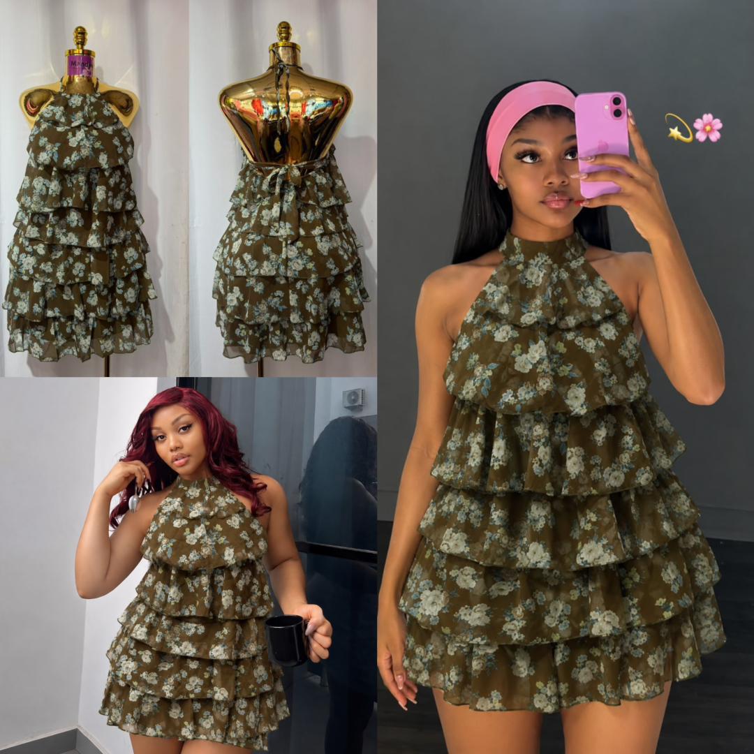 Sexy Floral Print Tiered Halter Mini Dress – Lightweight Chiffon Ruffle Dress for Summer and Vacation Description: Embrace a chic, feminine aesthetic with this stunning tiered mini dress shown in