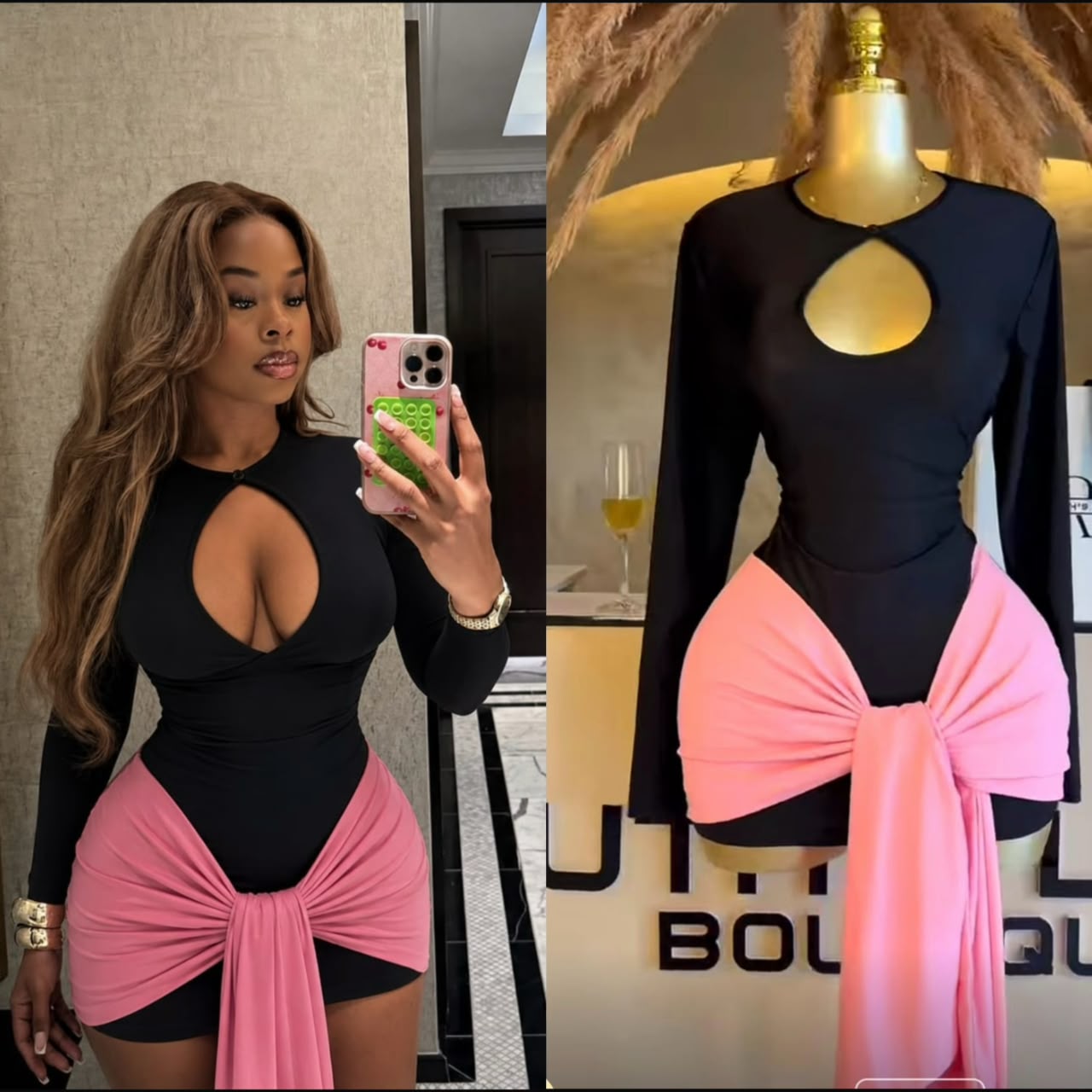 Sexy Cut-Out Long-Sleeve Mini Dress – Black Fitted Bodycon with Stylish Pink Front-Tie Detail 2