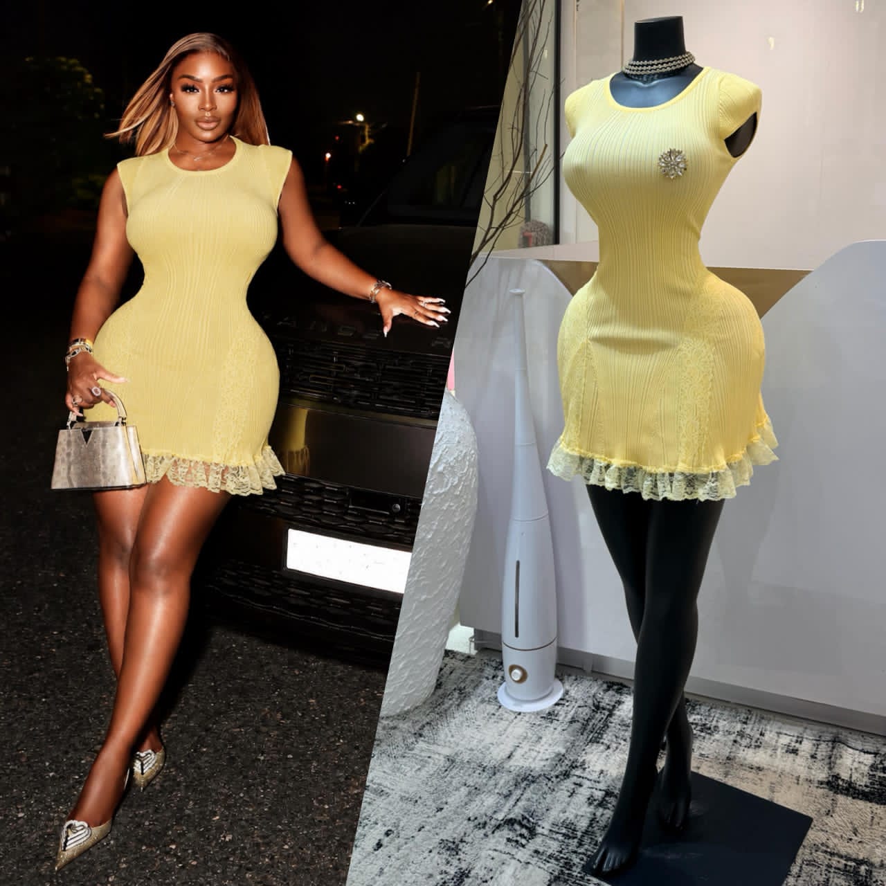 Sexy Elegant Ribbed Knit Mini Dress – Fitted White Bodycon with Lace Hem and Brooch Detail
