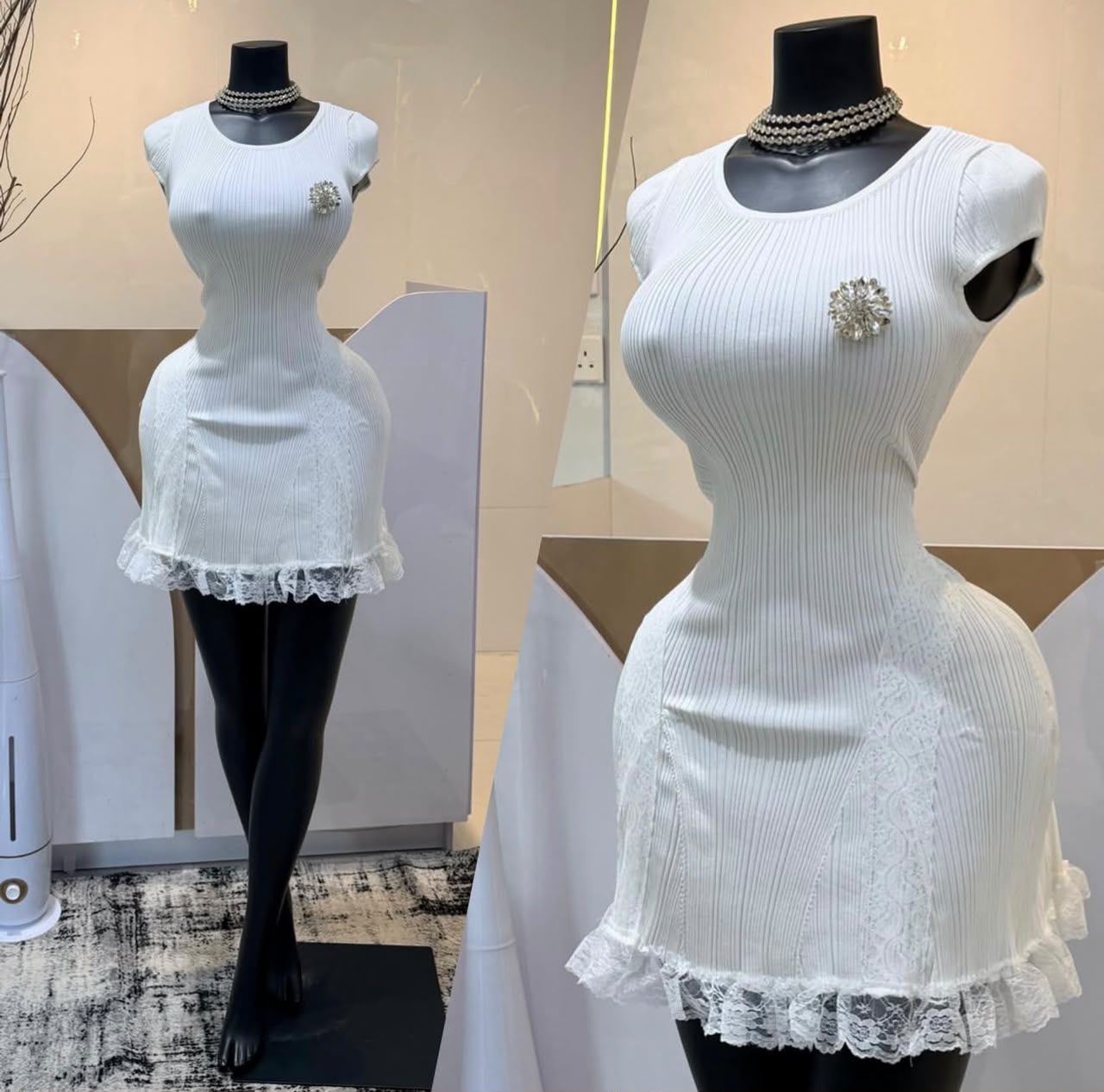 Sexy Elegant Ribbed Knit Mini Dress – Fitted White Bodycon with Lace Hem and Brooch Detail 2