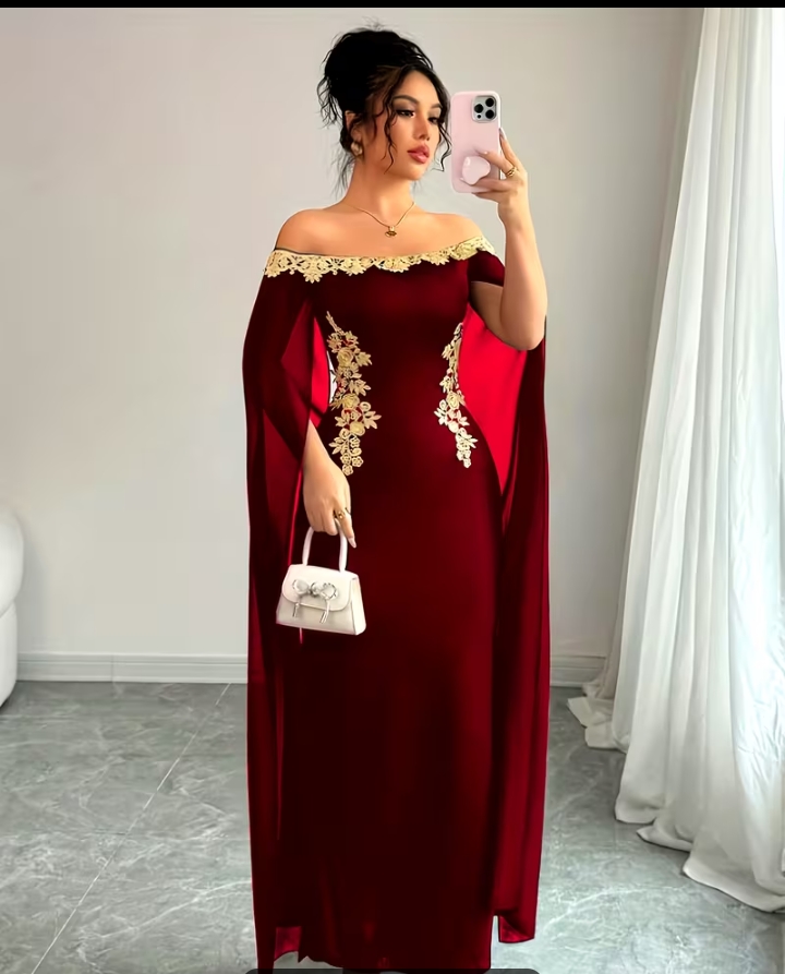 Elegant Burgundy Off-Shoulder Cape Sleeve Evening Dress with Gold Embroidery Trim