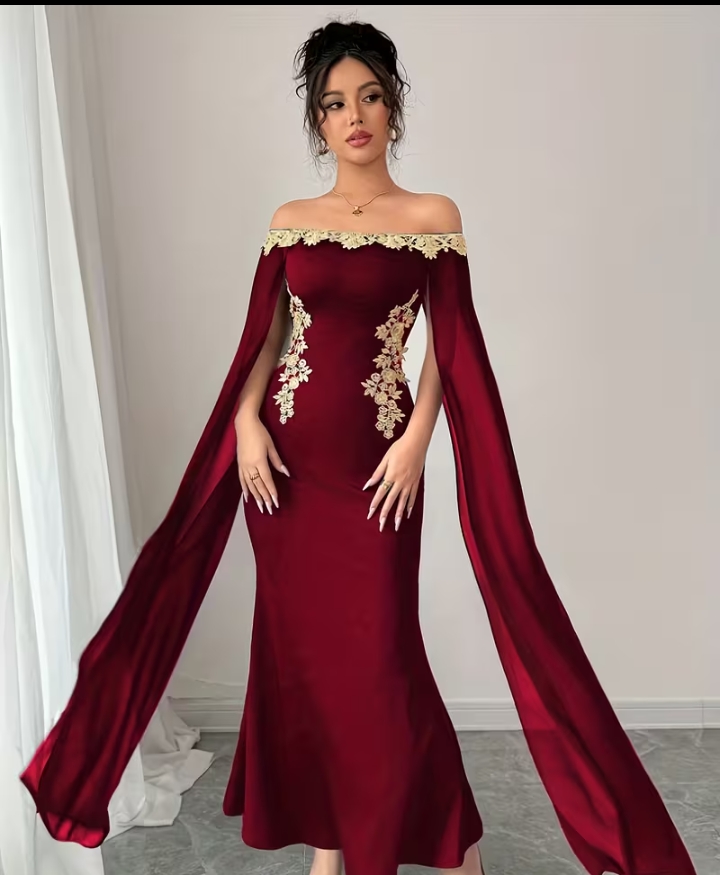 Elegant Burgundy Off-Shoulder Cape Sleeve Evening Dress with Gold Embroidery Trim 2