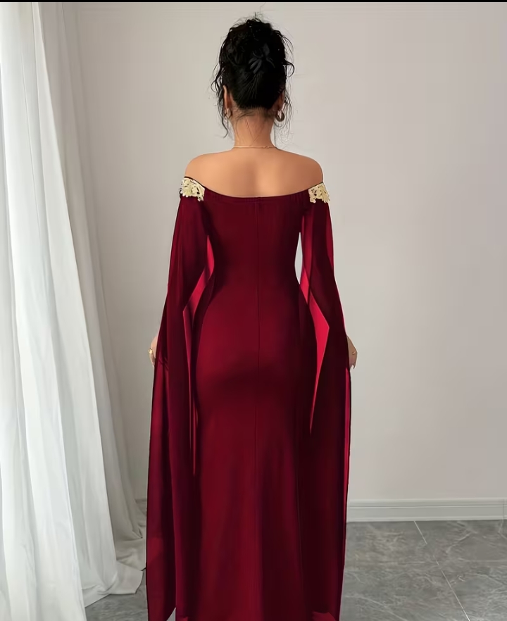 Elegant Burgundy Off-Shoulder Cape Sleeve Evening Dress with Gold Embroidery Trim 3