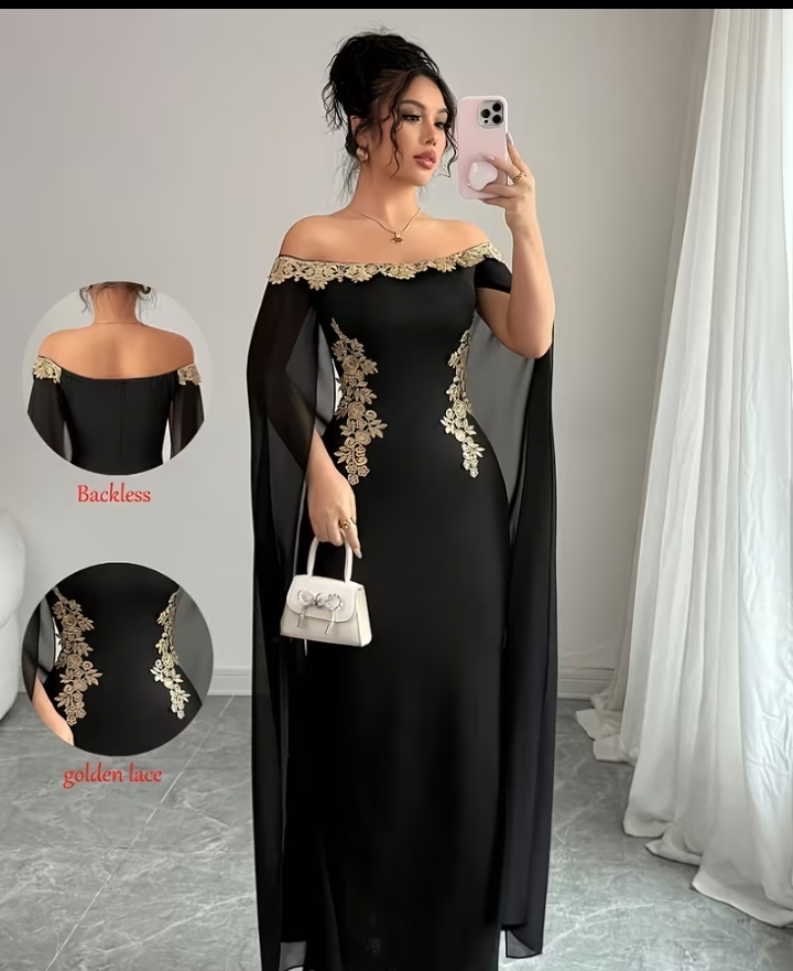 Elegant Burgundy Off-Shoulder Cape Sleeve Evening Dress with Gold Embroidery Trim 2