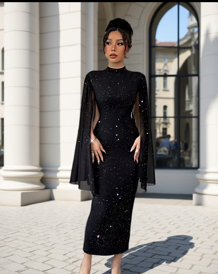 Elegant Black Glitter Mock Neck Cape Sleeve Evening Dress