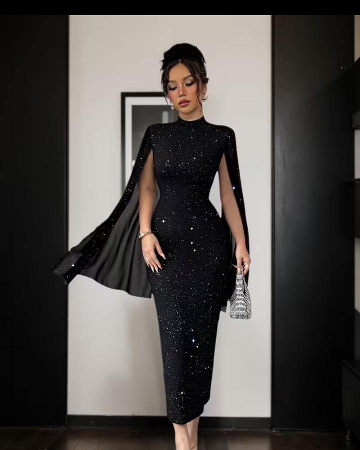 Elegant Black Glitter Mock Neck Cape Sleeve Evening Dress 2