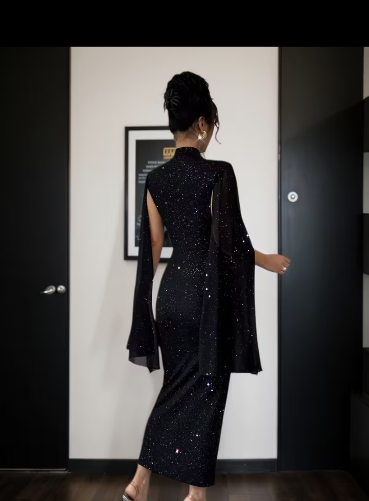 Elegant Black Glitter Mock Neck Cape Sleeve Evening Dress 3