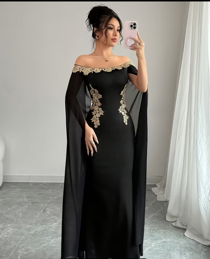 Elegant Burgundy Off-Shoulder Cape Sleeve Evening Dress with Gold Embroidery Trim
