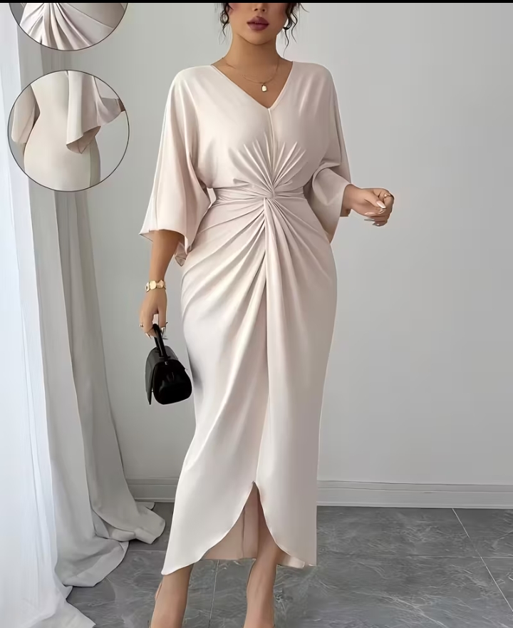 Elegant V-Neck Twisted Waist Kimono Sleeve Midi Dress 2
