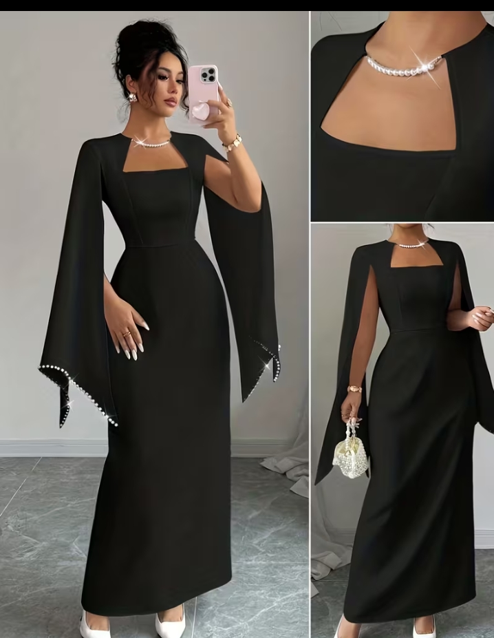 Temu Name: Elegant Black Square Neck Evening Dress with Rhinestone Trim Slit Cape Sleeves