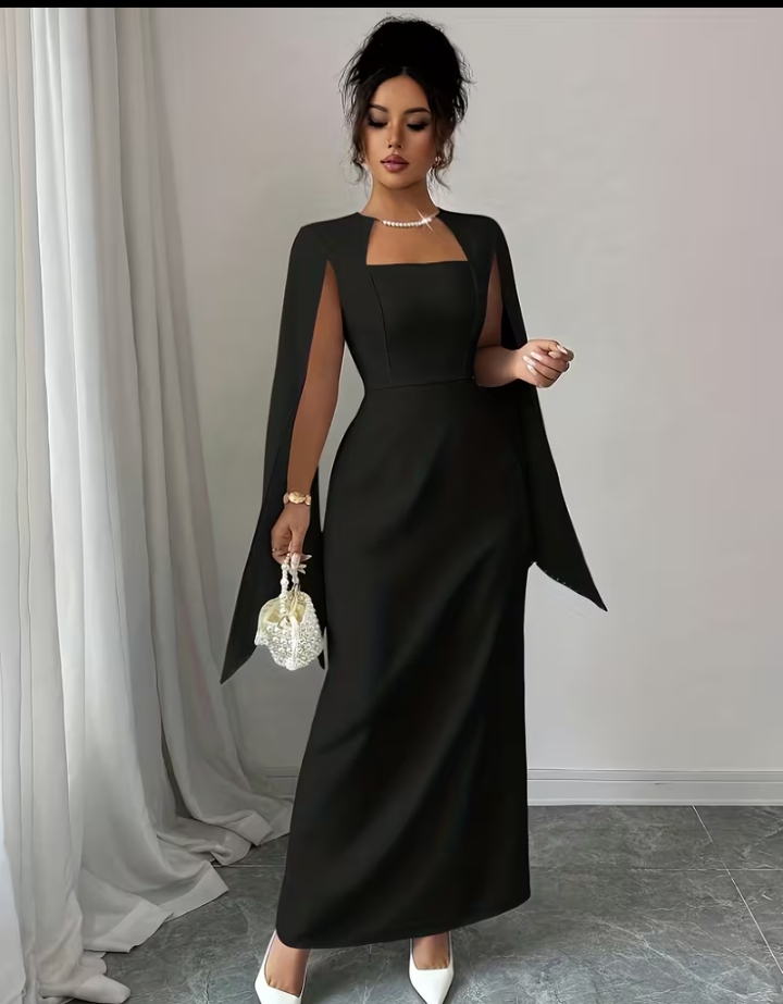 Temu Name: Elegant Black Square Neck Evening Dress with Rhinestone Trim Slit Cape Sleeves 2