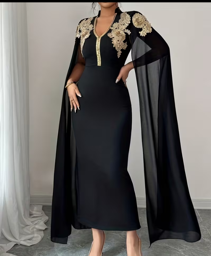 Elegant Black V-Neck Evening Gown with Gold Lace Applique and Dramatic Cape Sleeves