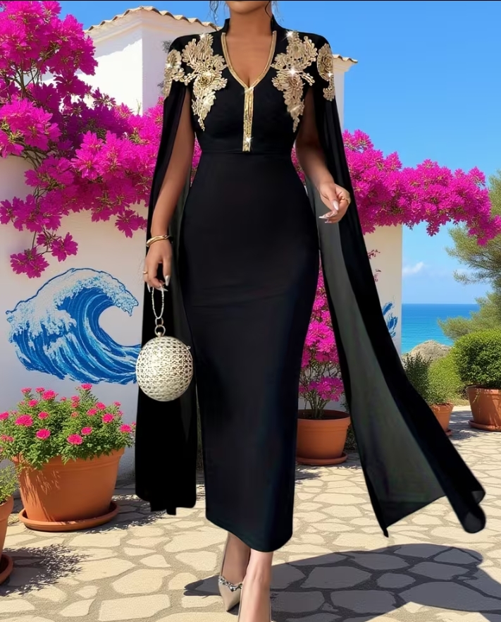 Elegant Black V-Neck Evening Gown with Gold Lace Applique and Dramatic Cape Sleeves 2