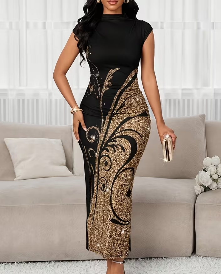 Elegant Black and Gold Glitter Arabesque Print High Neck Maxi Dress