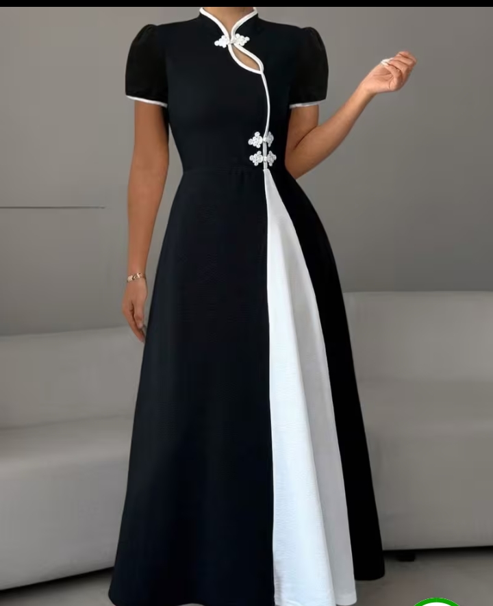 Elegant Black and White Patchwork Mandarin Collar Cheongsam Style Maxi Dress