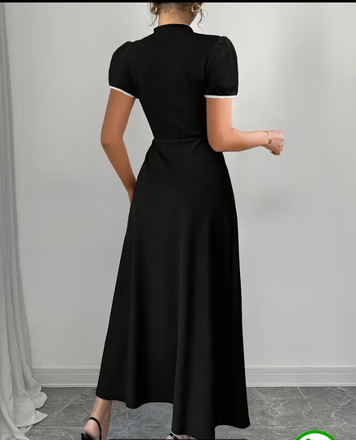 Elegant Black and White Patchwork Mandarin Collar Cheongsam Style Maxi Dress 3