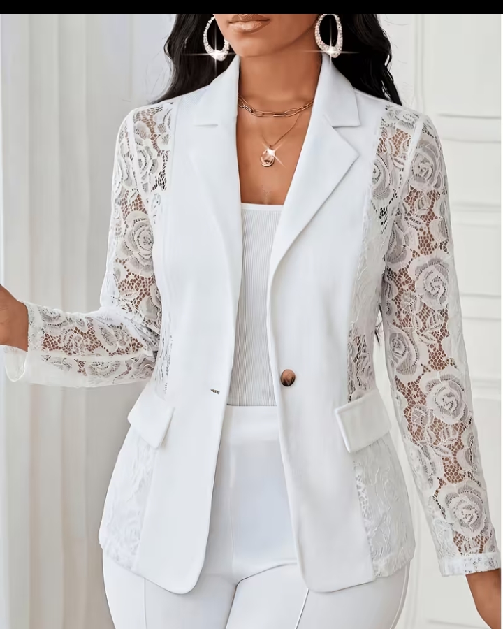 Chic Solid White Blazer with Floral Lace Patchwork Sleeves and Sides