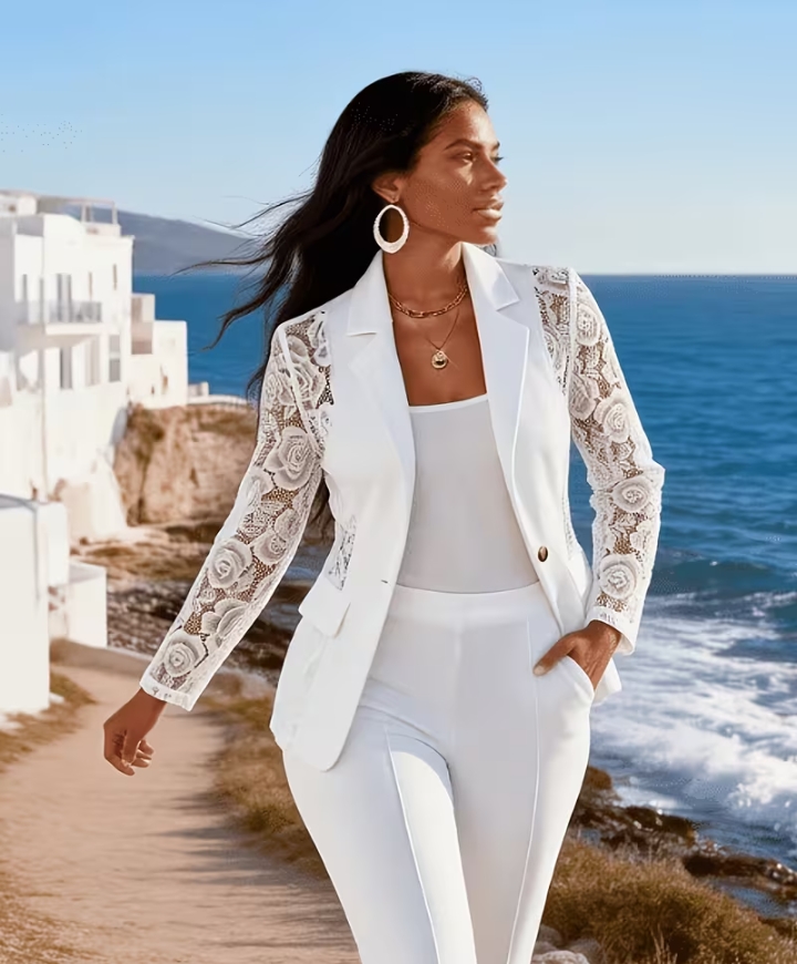 Chic Solid White Blazer with Floral Lace Patchwork Sleeves and Sides 2
