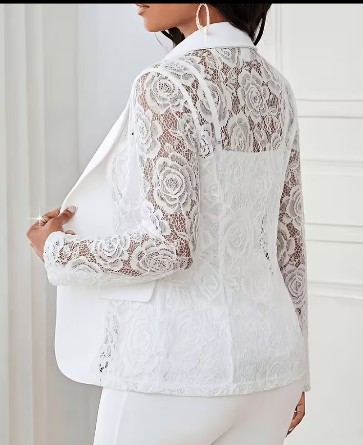 Chic Solid White Blazer with Floral Lace Patchwork Sleeves and Sides 3