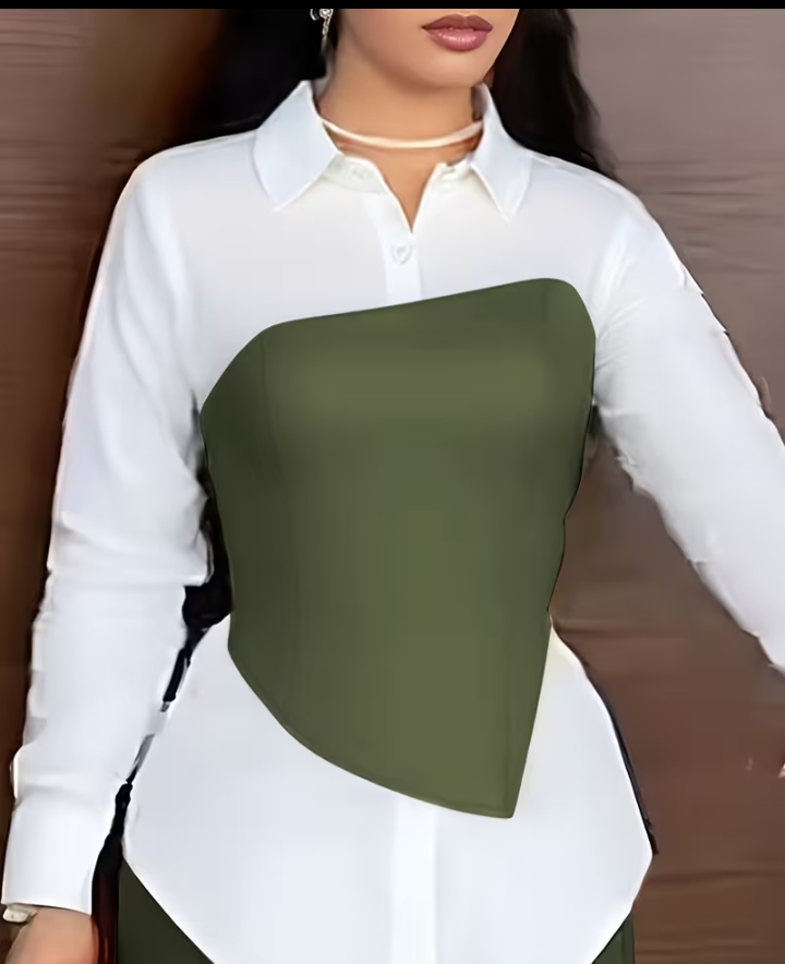 Chic Two-Piece Olive Green and White Contrast Layered Blouse and Wide Leg Pants Set