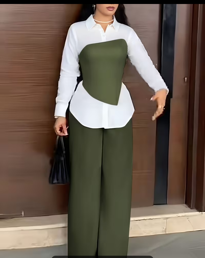 Chic Two-Piece Olive Green and White Contrast Layered Blouse and Wide Leg Pants Set 2