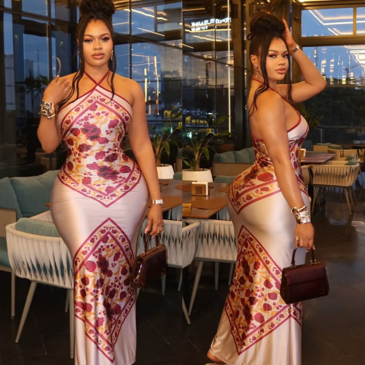 Women's Elegant Floral Scarf Print Halter Neck Maxi Dress, Sleeveless Backless Bodycon Long Dress, Summer Vacation & Party Outfits
