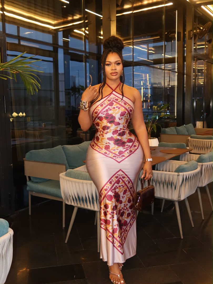 Women's Elegant Floral Scarf Print Halter Neck Maxi Dress, Sleeveless Backless Bodycon Long Dress, Summer Vacation & Party Outfits 2