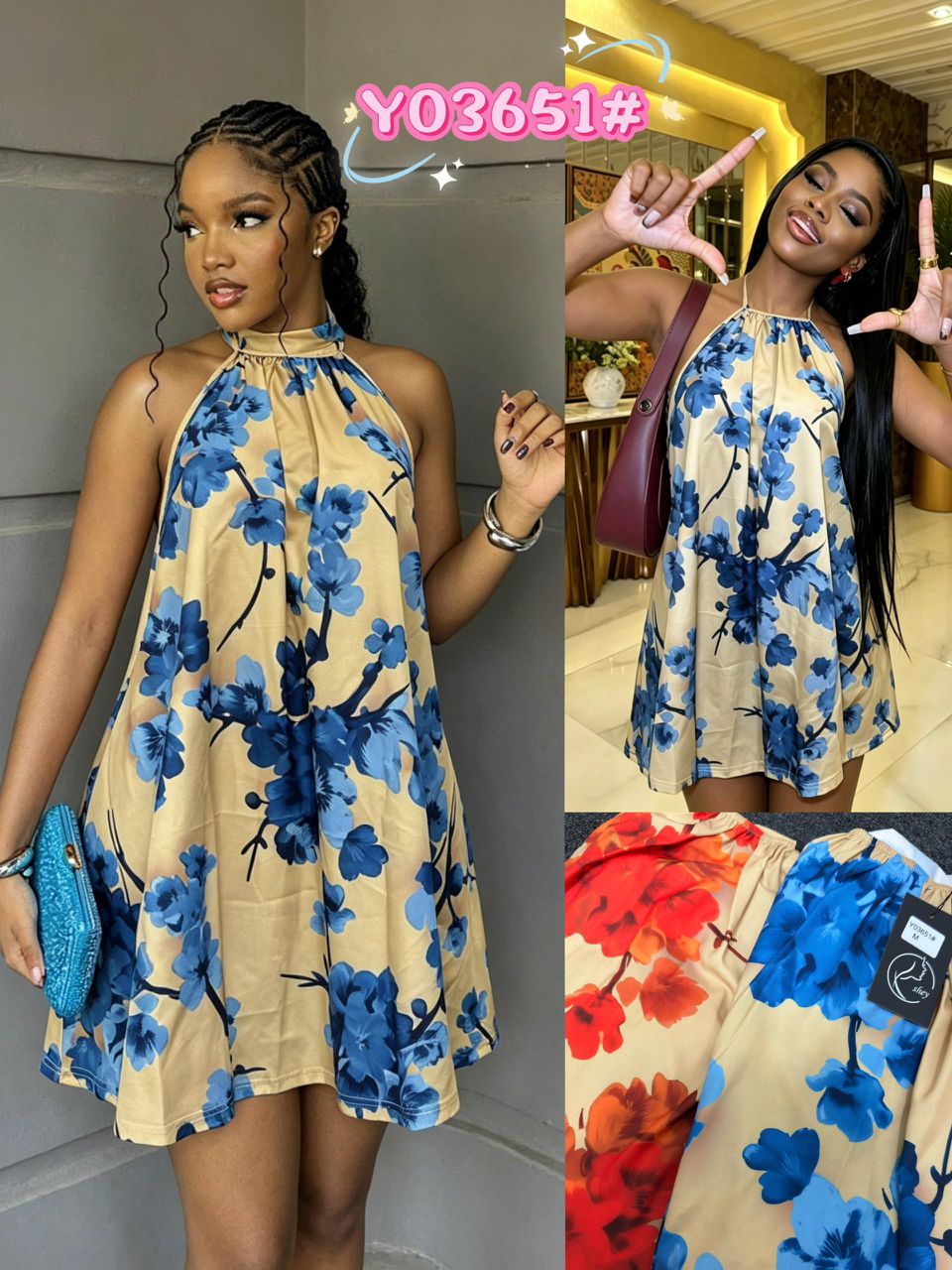 Women's Floral Print Halter Neck Mini Dress, Elegant Sleeveless A-Line Satin Dress, Loose Fit Backless Short Dress For Summer Vacation & Party 2