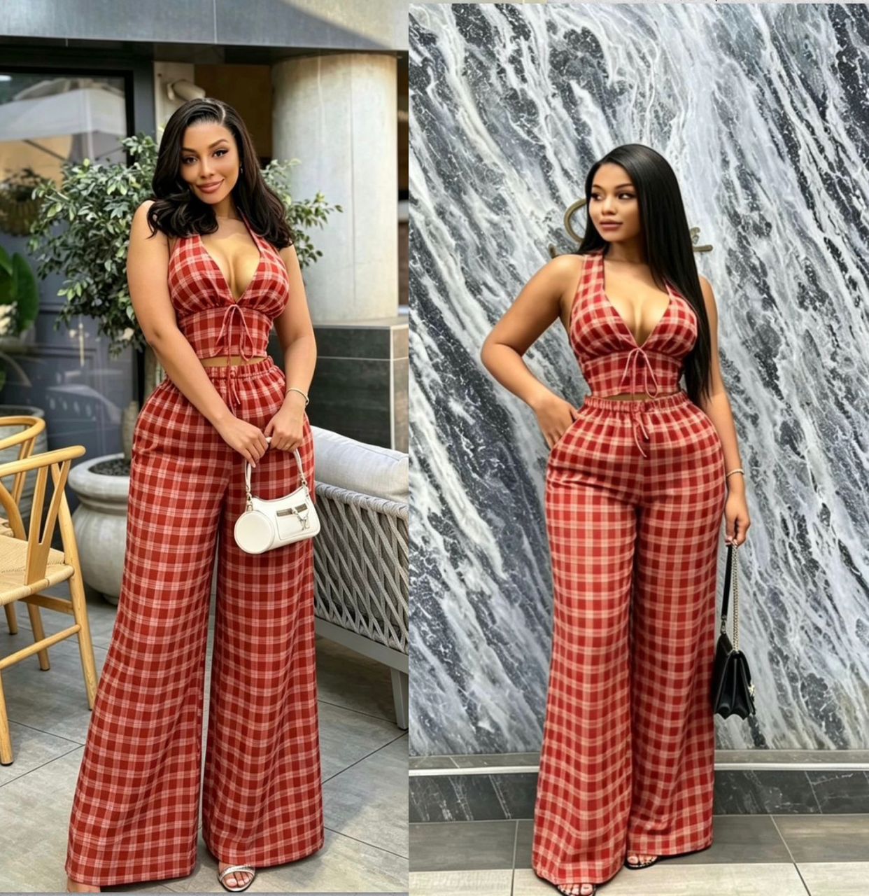 Red-and-White Plaid Halter Top with Drawstring + Wide-Leg Pants Set for Women