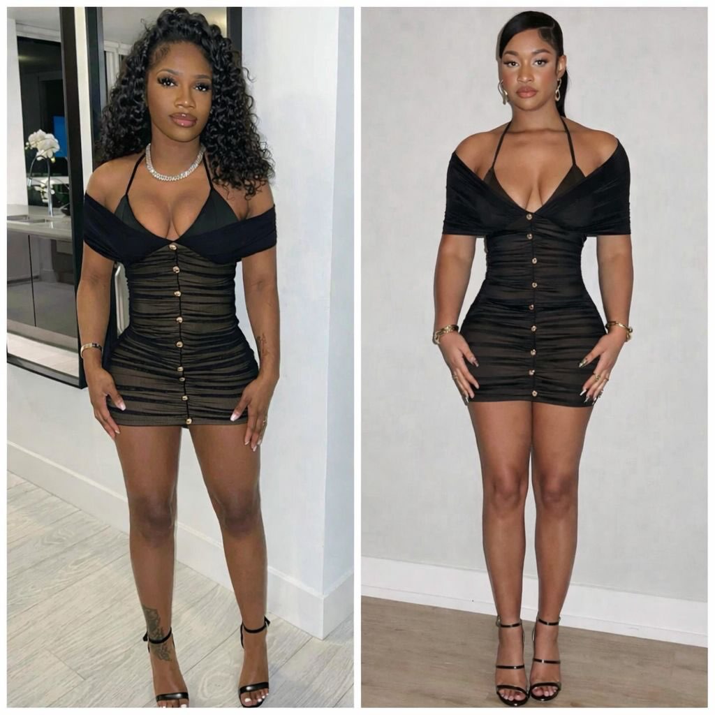 Women's Mesh Ruched Halter Off-the-Shoulder Mini Dress with Gold Button Details