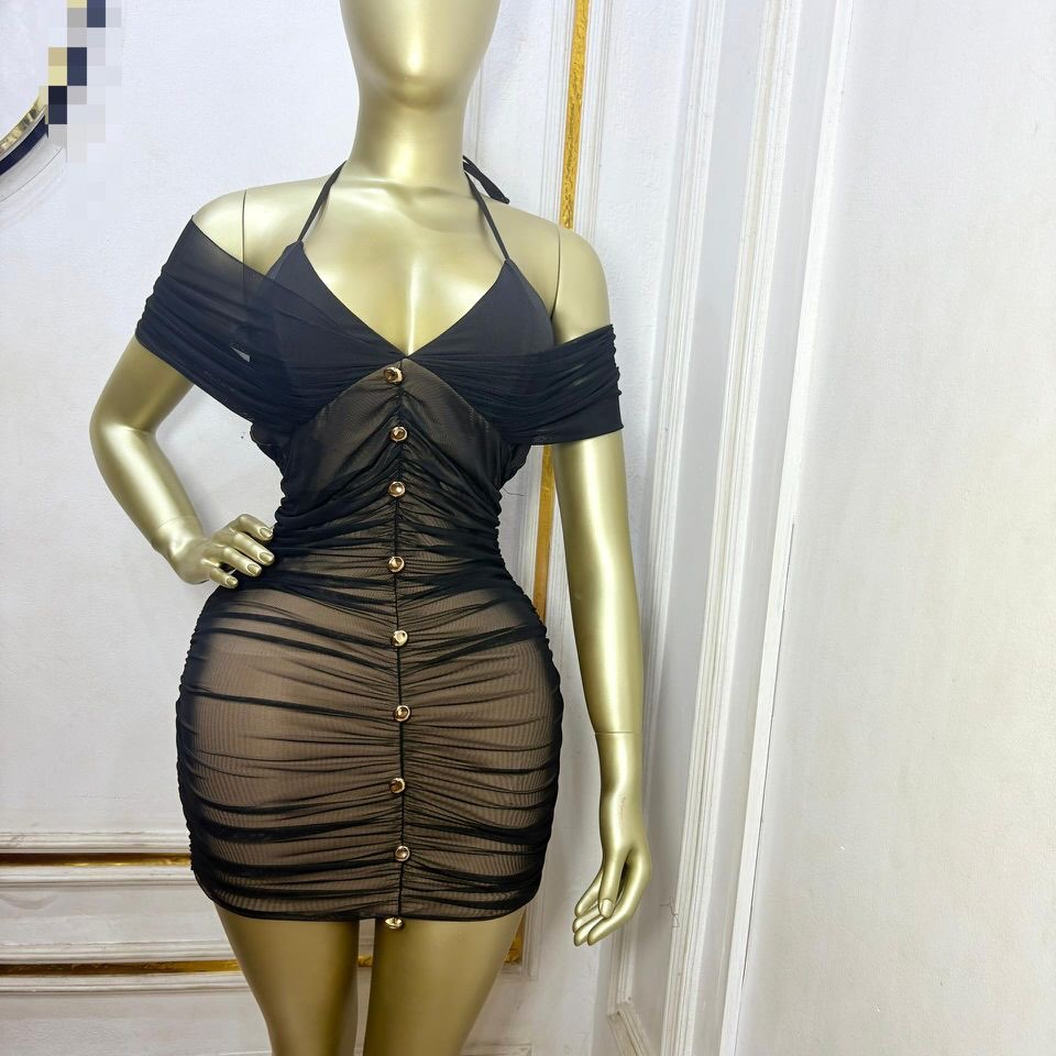 Women's Mesh Ruched Halter Off-the-Shoulder Mini Dress with Gold Button Details 2