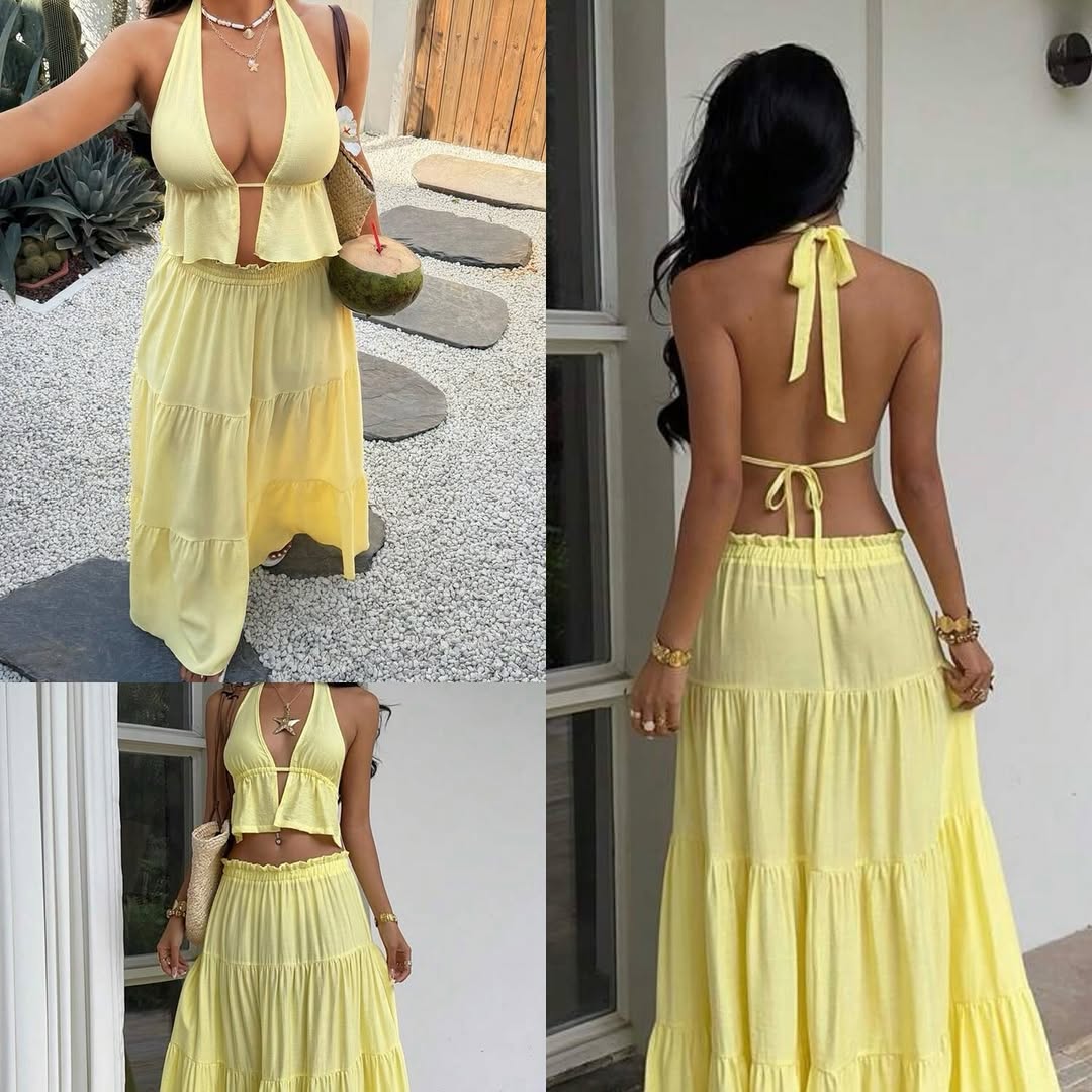 Women's 2-Piece Solid Color Backless Halter Crop Top and Ruffled Tiered Maxi Skirt Set