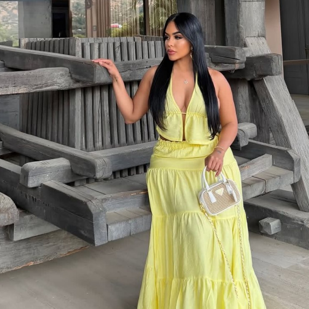 Women's 2-Piece Solid Color Backless Halter Crop Top and Ruffled Tiered Maxi Skirt Set 2