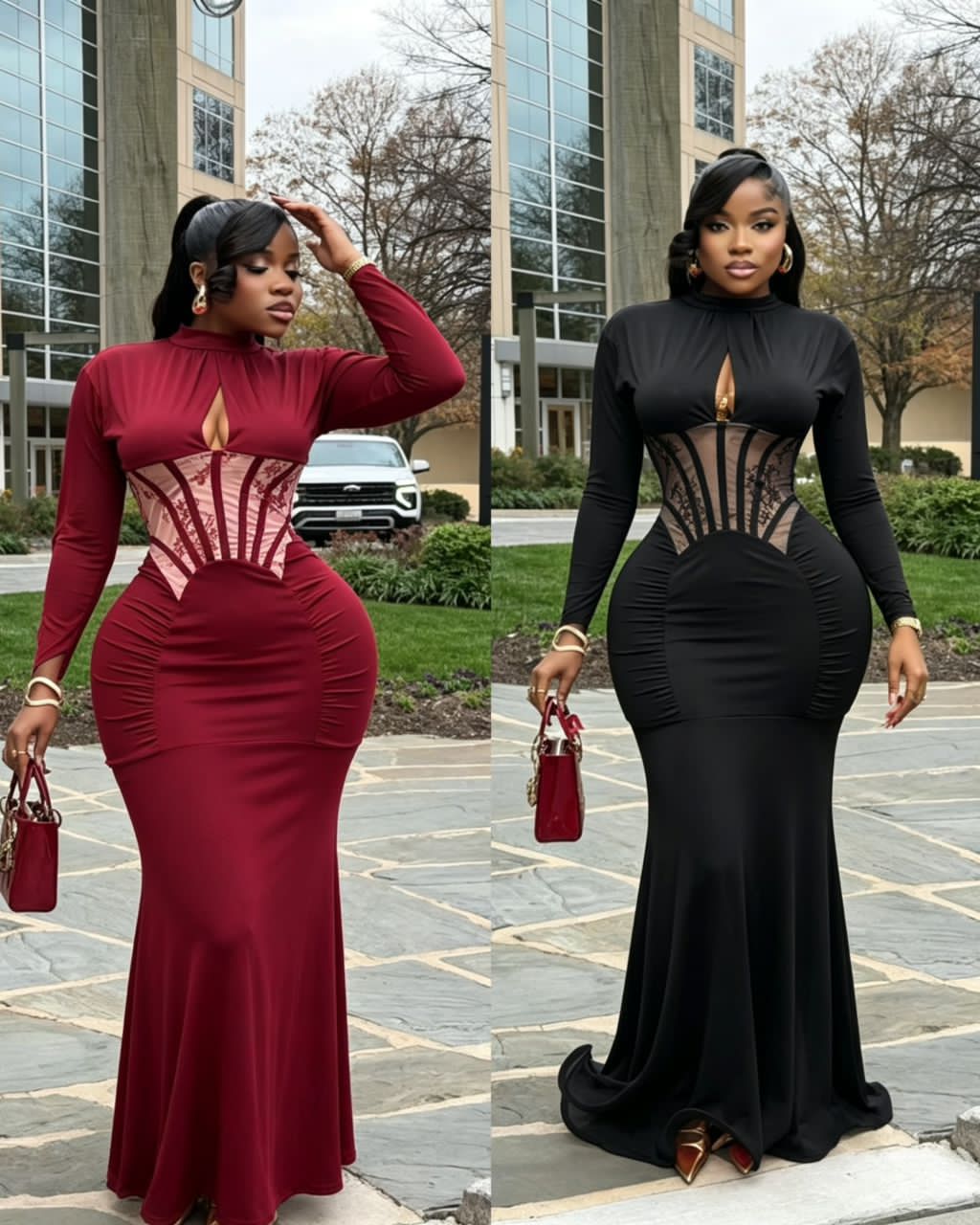 Women's Elegant Mock Neck Long Sleeve Maxi Dress with Sheer Lace Corset Waist and Ruched Detail