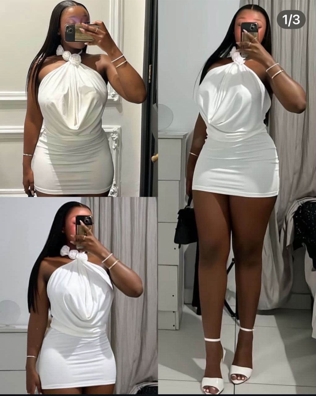 Women's White Halter Neck Mini Dress with 3D Rose Floral Accent and Drape Front Ruched Bodycon Split