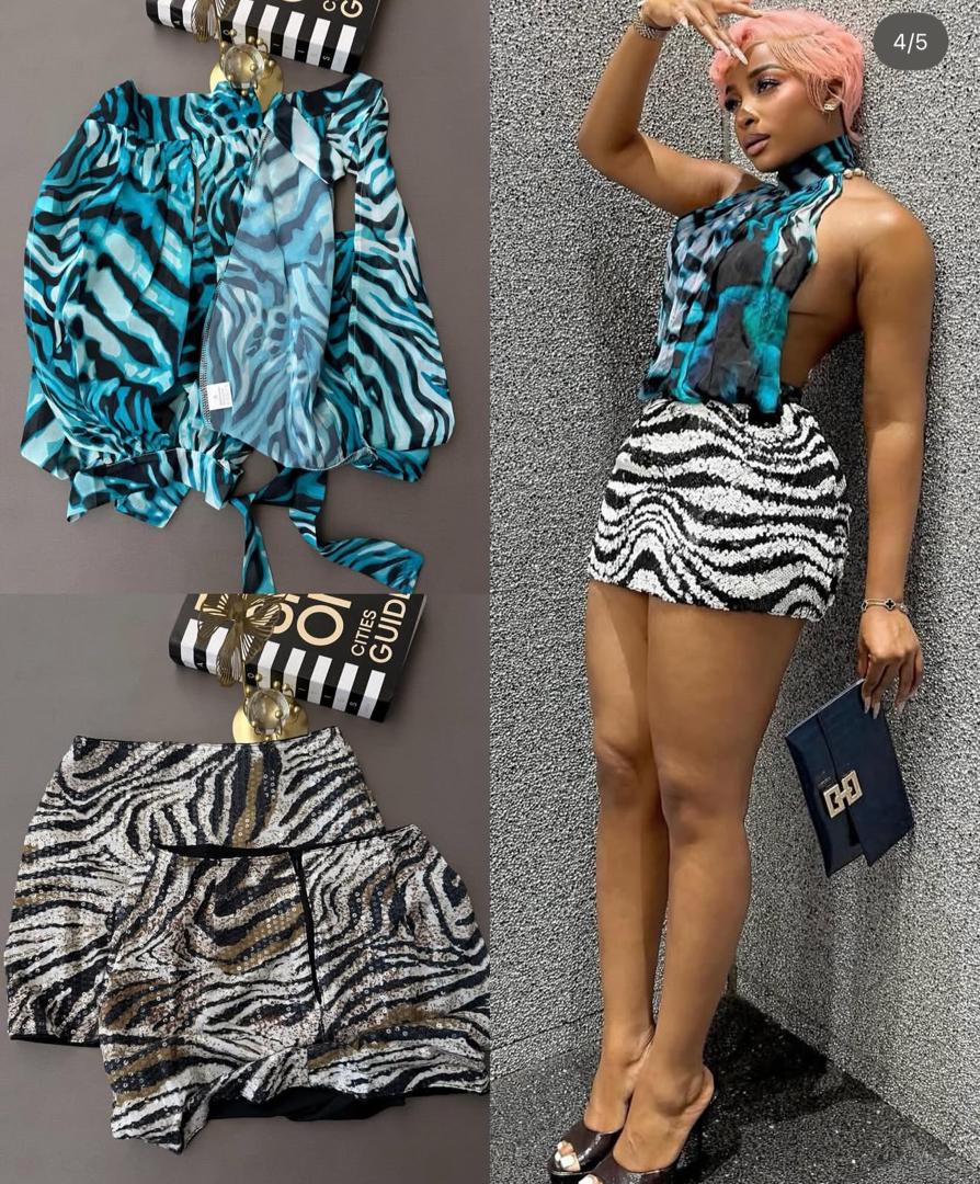 Women's 2-Piece Mixed Animal Print Set – Blue Zebra Chiffon Halter Top and Sequin Zebra Mini Skirt