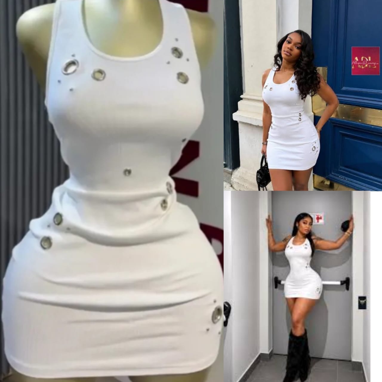 Women's Rib-Knit Tank Mini Dress with Silver Grommet and Eyelet Hardware Accents