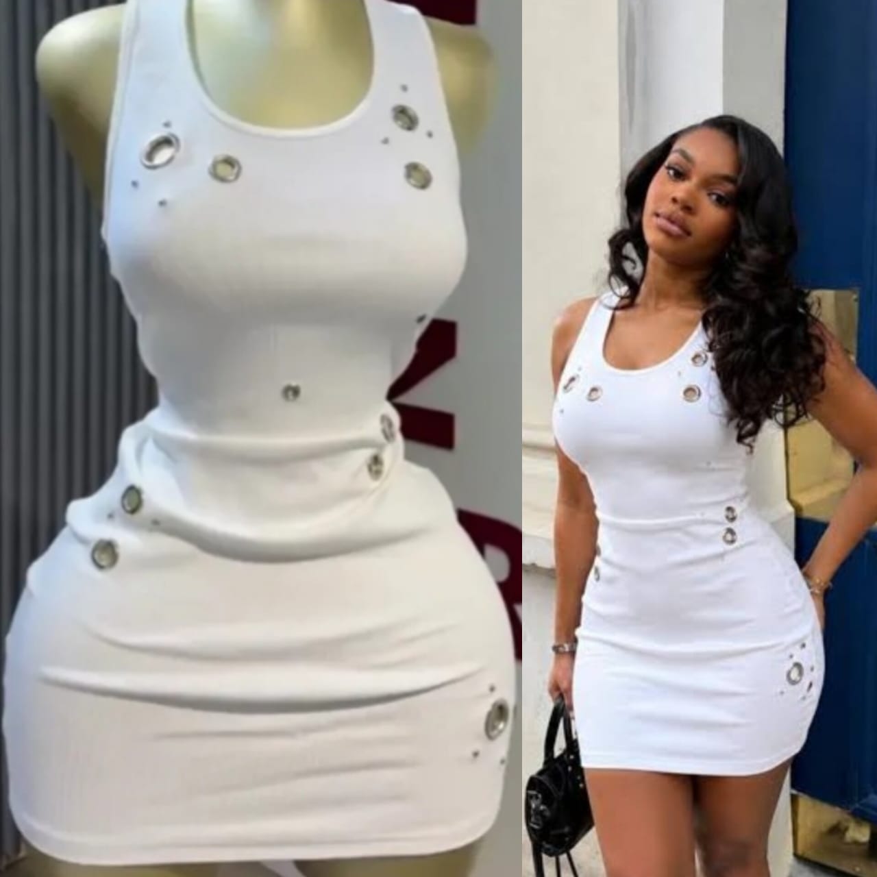 Women's Rib-Knit Tank Mini Dress with Silver Grommet and Eyelet Hardware Accents 2