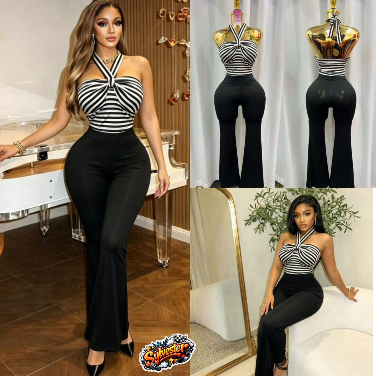 Women's 2-Piece Fashion Set – Black and White Striped Cross Halter Top with High Waisted Flare Leg Pants