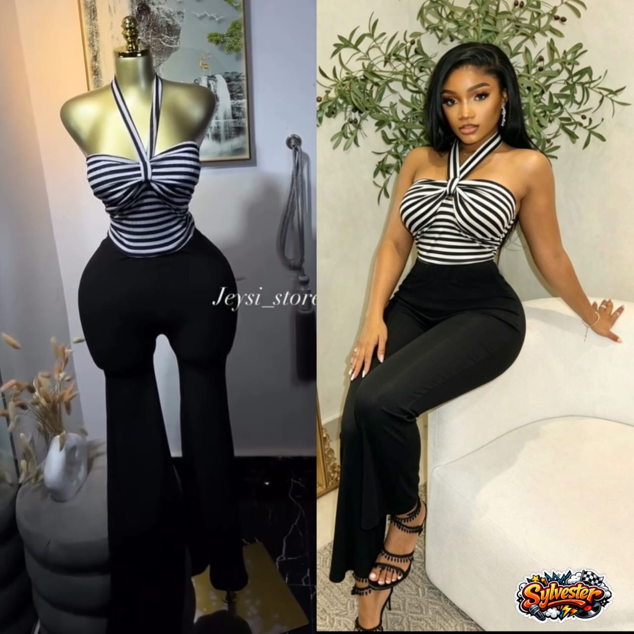 Women's 2-Piece Fashion Set – Black and White Striped Cross Halter Top with High Waisted Flare Leg Pants 2