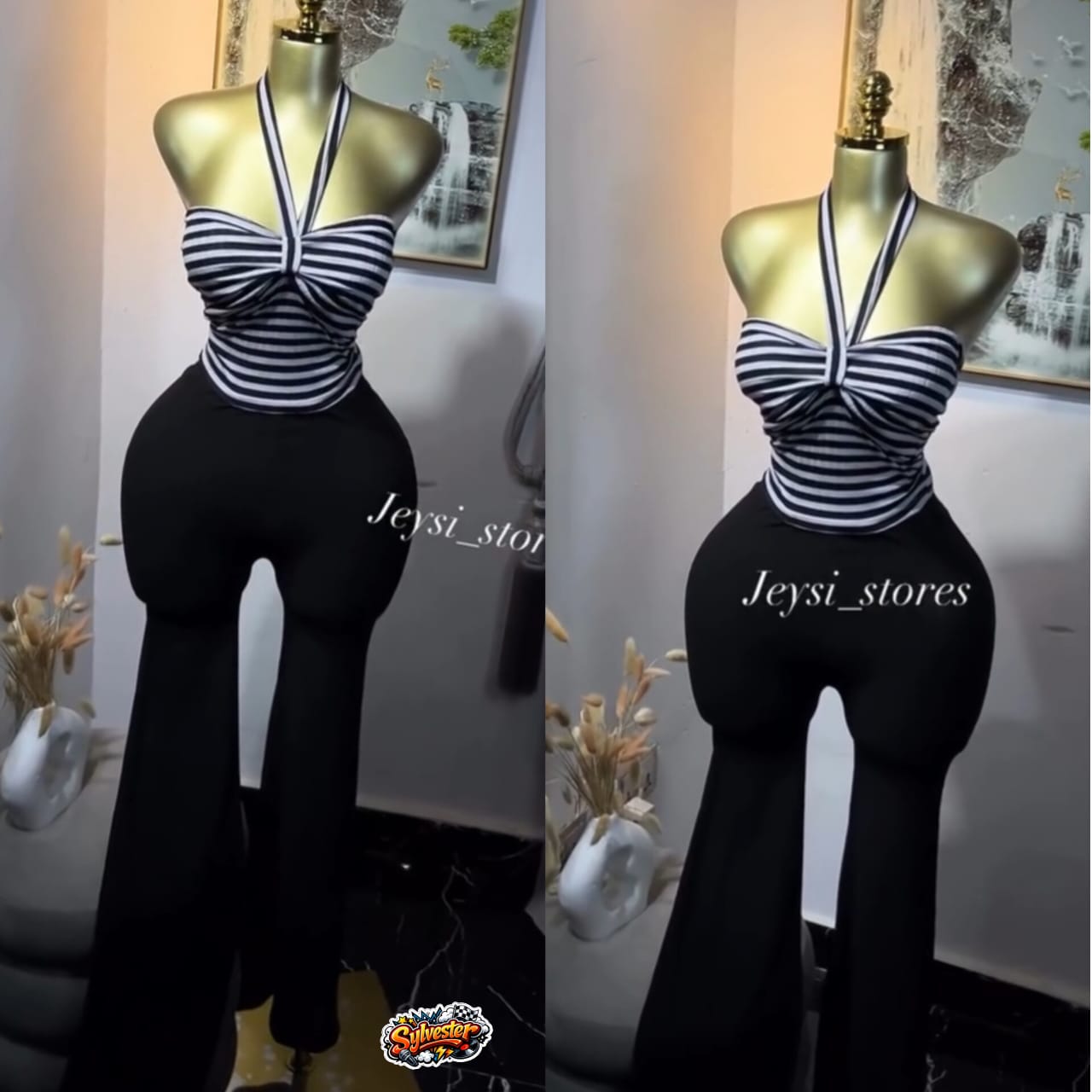 Women's 2-Piece Fashion Set – Black and White Striped Cross Halter Top with High Waisted Flare Leg Pants 3