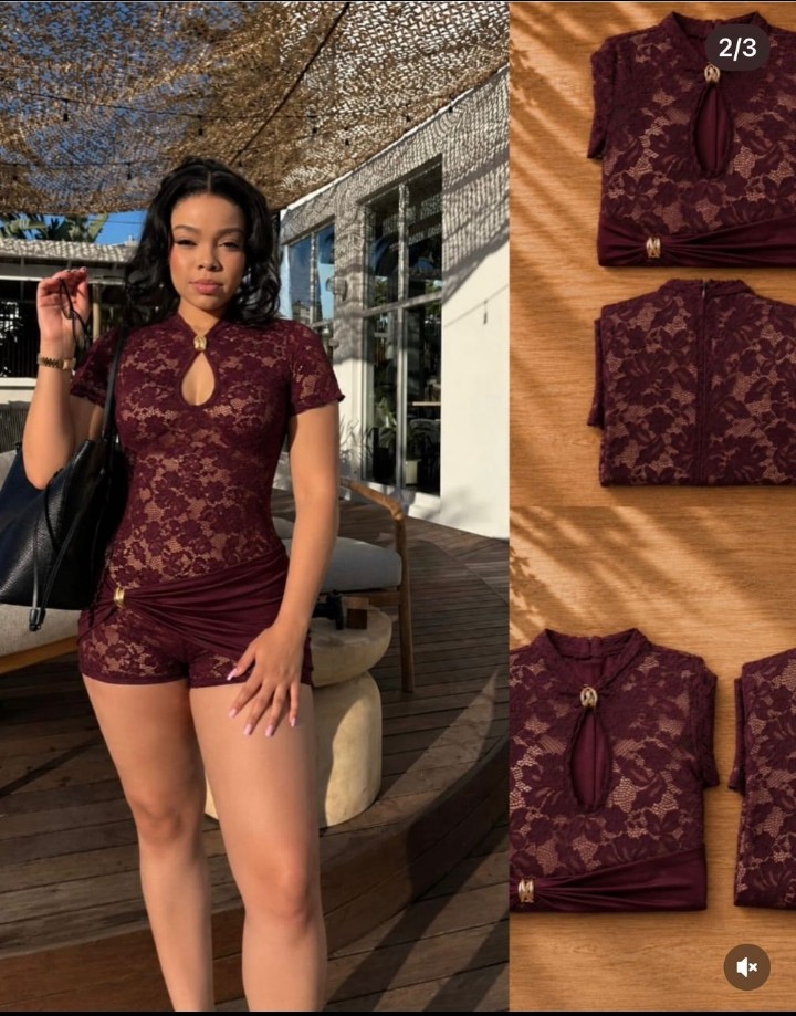 Women's Floral Lace Short Sleeve Romper with Keyhole Mock Neck and Twisted Sarong Overlay Detail