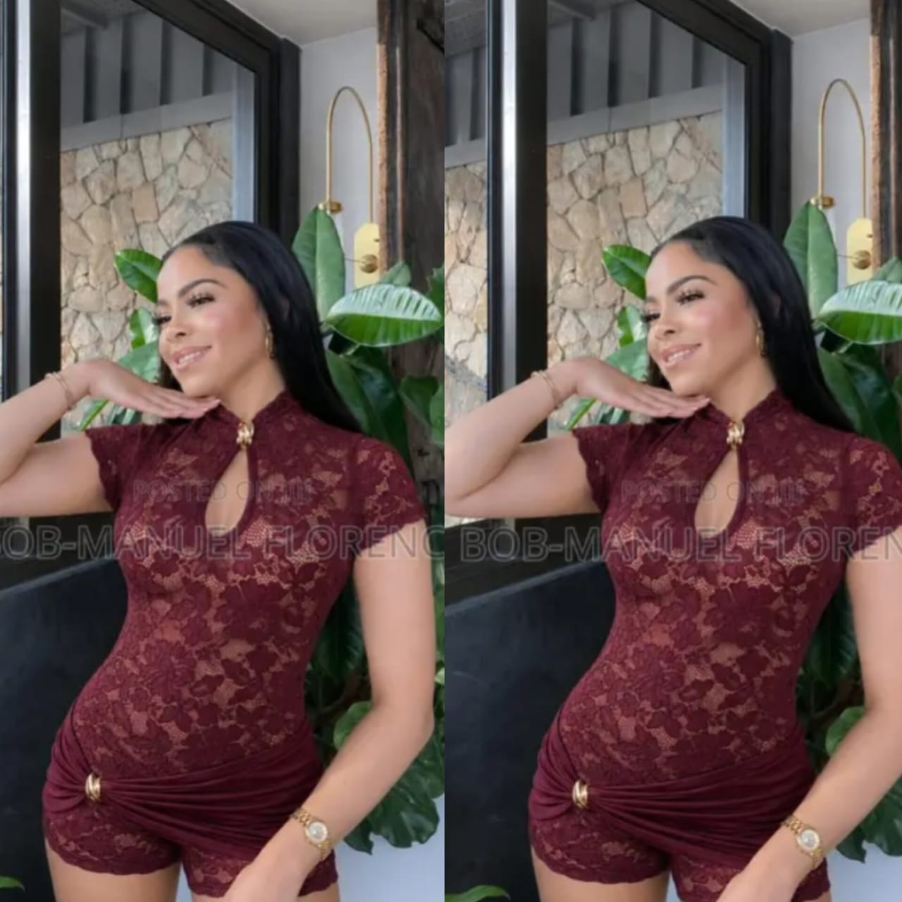 Women's Floral Lace Short Sleeve Romper with Keyhole Mock Neck and Twisted Sarong Overlay Detail 2