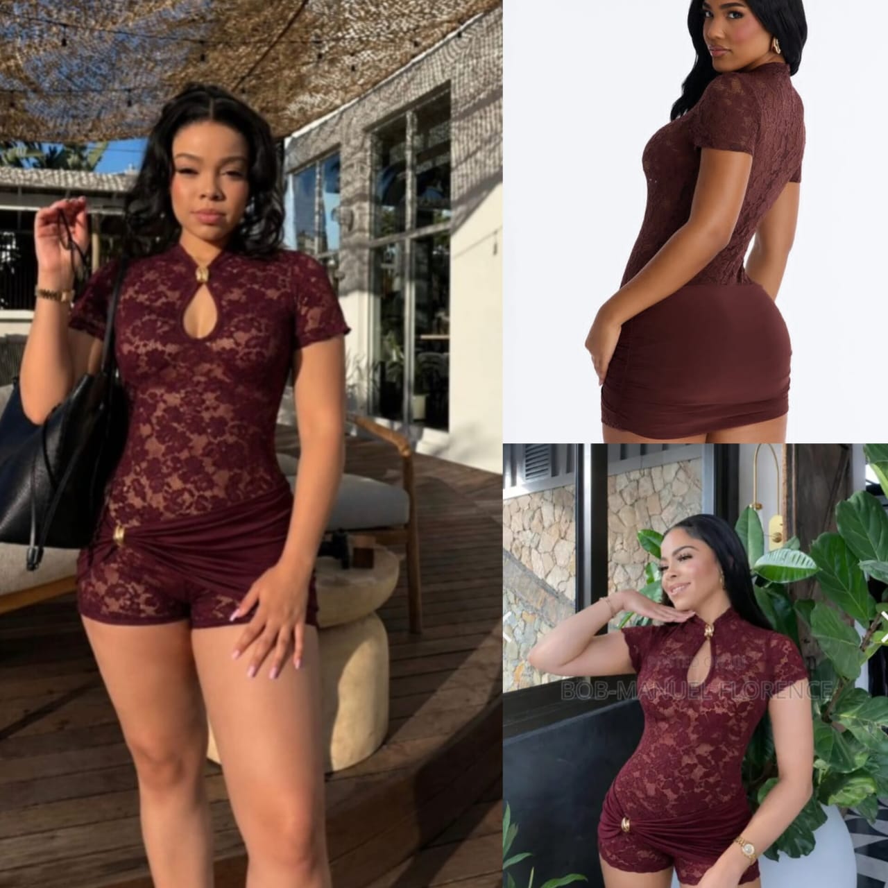 Women's Floral Lace Short Sleeve Romper with Keyhole Mock Neck and Twisted Sarong Overlay Detail 3