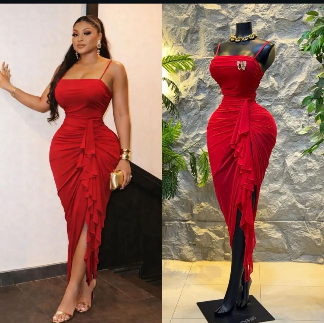 Women's Elegant Red Cami Maxi Dress with Ruched High-Split and Cascading Ruffle Detail