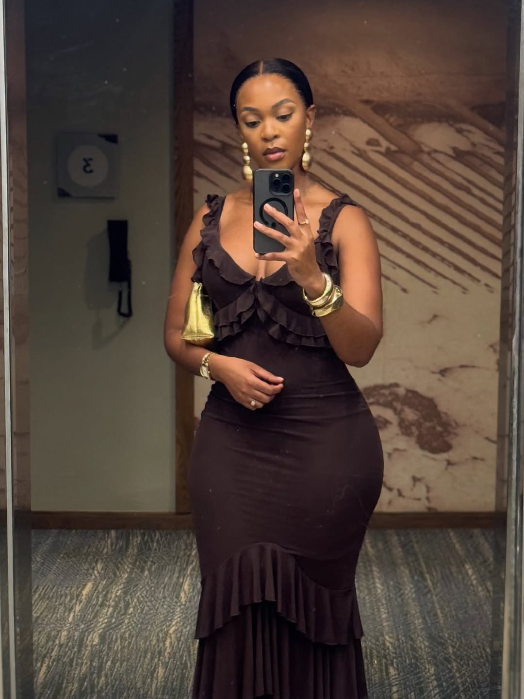 Women's Elegant Chocolate Brown V-Neck Cami Dress with Ruffled Bodice and Tiered Ruffle Hem Maxi Skirt