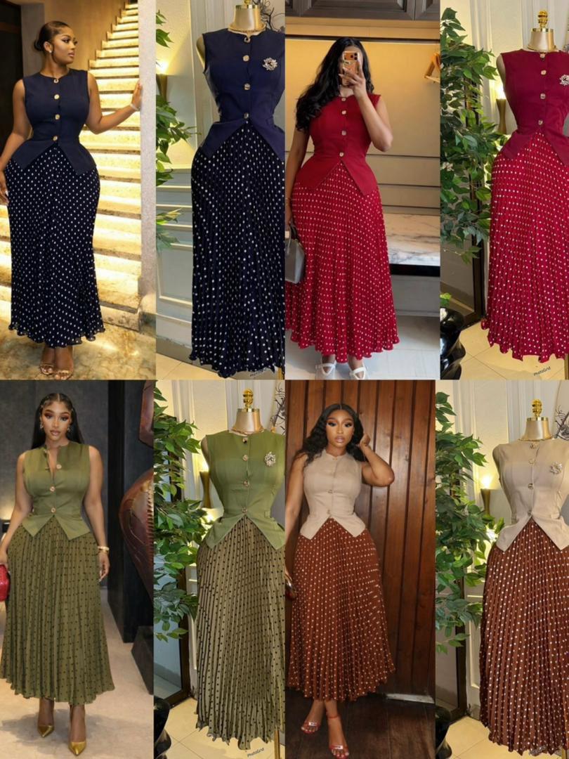 Women's Elegant 2-Piece Set – Sleeveless Button-Down Peplum Top and Polka Dot Pleated Maxi Skirt Suit