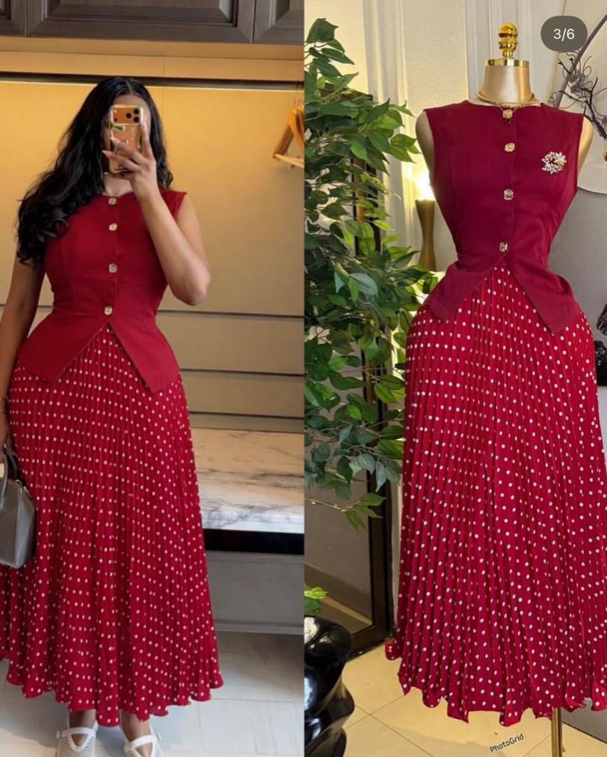 Women's Elegant 2-Piece Set – Sleeveless Button-Down Peplum Top and Polka Dot Pleated Maxi Skirt Suit 2